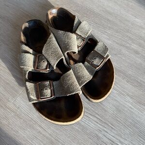 Birkenstock Suede Double Strap Sandals in Olive Green with Brown Footbed